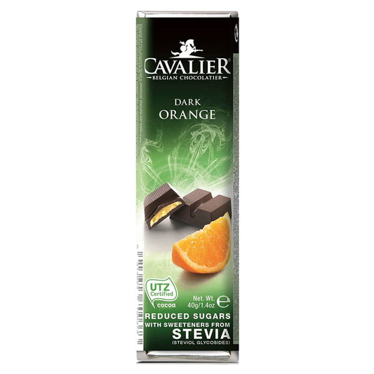 Dunkler Schokoriegel mit Orangenfüllung von CAVALIER, 40g, zeigt den Schokoriegel mit sichtbarer Orangenschicht innen.