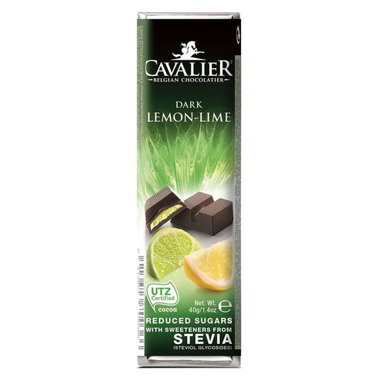 Dunkler Schokoriegel mit Zitronen-Limetten-Füllung von CAVALIER, 40 g, Nahaufnahme des Schokoriegels.