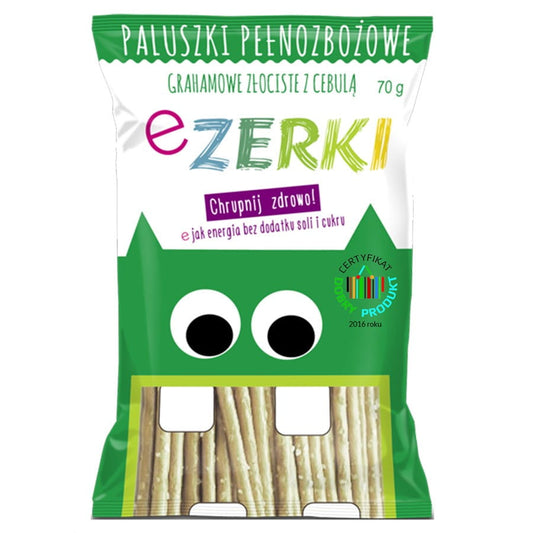 Goldene Zwiebel Graham Sticks von EZERKI, 70g, knusprige Zwiebel-Graham-Kekse auf einem weißen Teller.