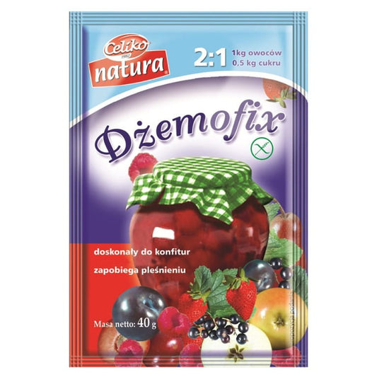 Glutenfreies Geliermittel Dżemofix 2:1 von CELIKO in 40 g Packung, sichtbar in der Verpackung.
