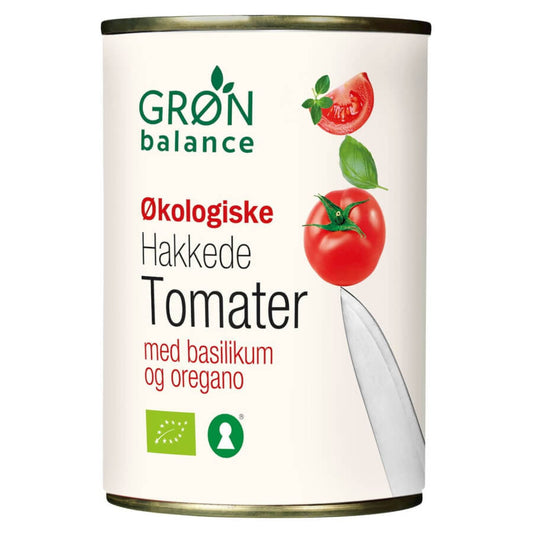 Geschnittene Bio-Tomaten ohne Haut mit Oregano und Basilikum in 400 g Dose, von GRON BALANCE, frische und aromatische Tomaten.