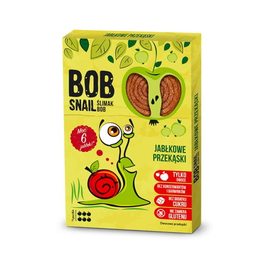 Apfelsnack BOB SCHNECKE in 60g Packung, frischer Apfel-Snack mit BOB SNAIL Logo, detailreiche Verpackung mit Apfelform.