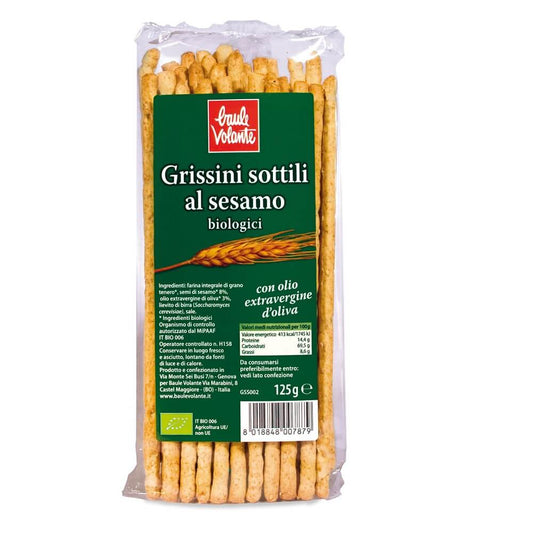 Bio Grissini mit Sesam von ECOR, kräftig gebackene Sticks in 125 g Packung, ideal für Snacks und Aperitif.