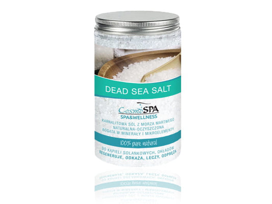 Totes Meer Carnallitsalz von COSMOSPA, 1000g, grobkörniges Mineral-Salz für Bäder und Wellness, weiße Kristalle auf dunklem Hintergrund