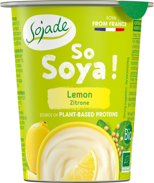 Glutenfreies Zitronen-Sojaprodukt von SOJADE, Bio, 125 g, cremige Textur mit frischem Zitronengeschmack, auf weißem Hintergrund.