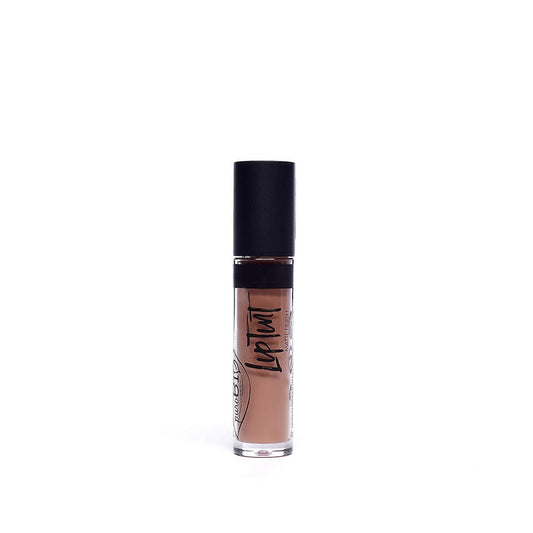 Flüssiger Lippenstift 01 von PUROBIO in einer eleganten Verpackung, zeigt den leuchtenden Lippenstift in einer Nahaufnahme.