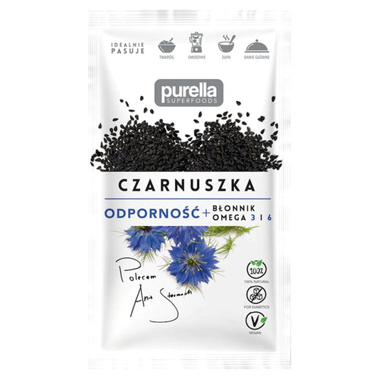 Schwarze Samen 40g von PURELLA, nährstoffreiche Superfoods, in einer transparenten Verpackung sichtbar