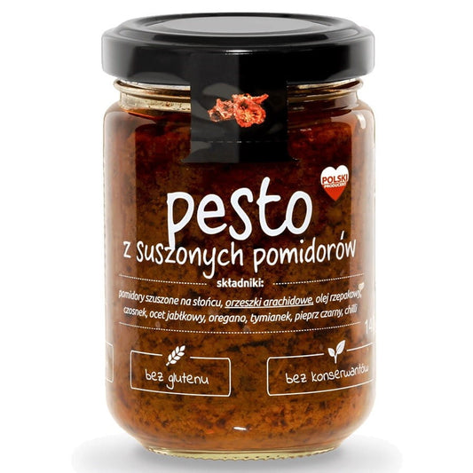 Getrocknetes Tomatenpesto von HOTZ in 140g Packung, cremige Konsistenz mit sonnengereiften Tomaten, ideal für Pasta und Snacks.