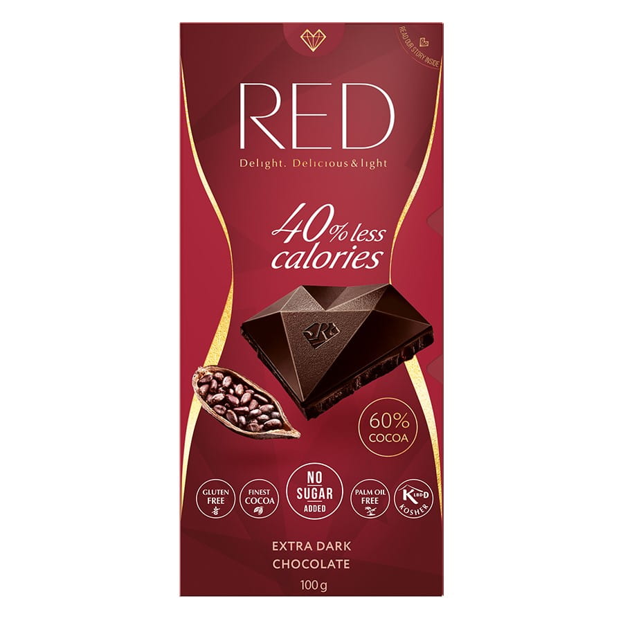 Extra dunkle Schokolade 60 % Kakao 40 % weniger Kalorien 100 g RED DELIGHT