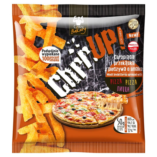Knuspriger Weizenbrot-Snack mit Pizzageschmack von CHRRUP, 50g, liegend auf weißem Hintergrund