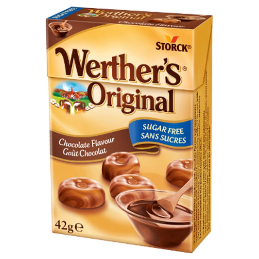 Werther's Original Karamellen mit Schokoladengeschmack, zuckerfrei, 42g, cremige Süßigkeiten in goldener Verpackung