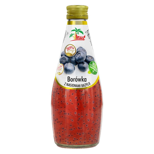 Heidelbeer-Basilikum-Drink von VINUT in 290 ml Flasche, zeigt frischen Heidelbeer- und Basilikum-Getränk mit Samen.