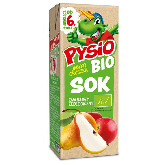 Bio Apfelsaft mit Birnengeschmack in 200ml Flasche von PYSIO BIO, zeigt die Flasche mit fruchtigem Saft und natürlichem Etikett