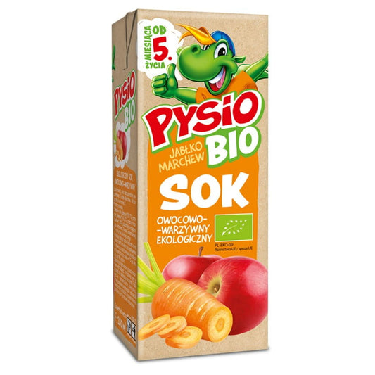 Bio Apfel-Karottensaft von PYSIO BIO in einer 200ml Flasche, zeigt frischen Saft mit Apfel- und Karottengeschmack