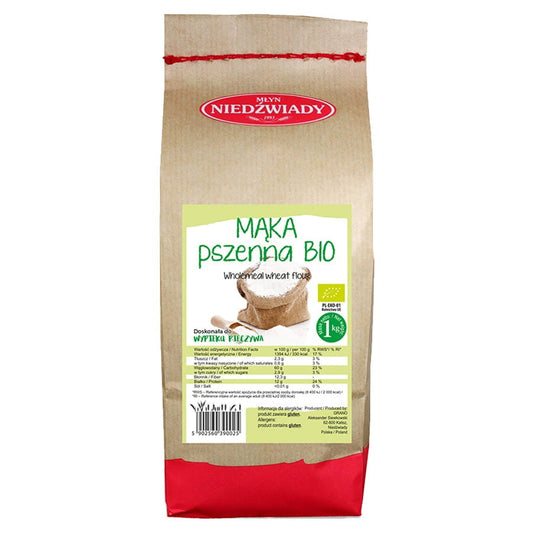 Bio Weizenvollkornmehl von MŁYN NIEDŹWIADY, 1 kg, fein gemahlenes dunkles Vollkornmehl in Packung
