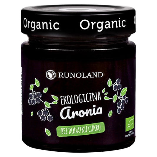 Aronia-Püree mit 80% Fruchtanteil, BIO-Konfitüre-Konsistenz, 200g, von RUNOLAND, cremig und fruchtig in Glas.