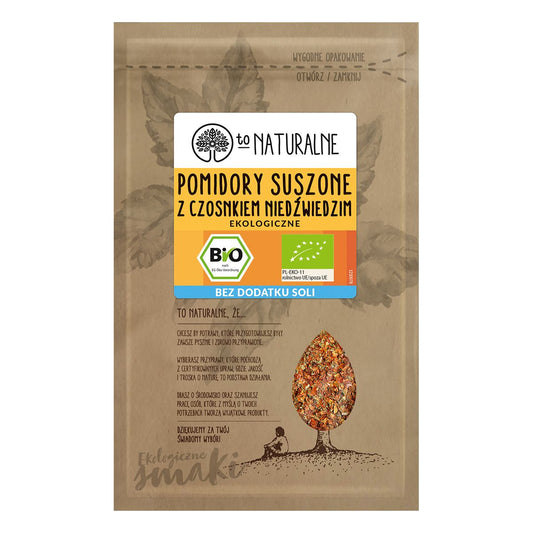 Getrocknete Tomaten mit Bärlauch von TO NATURALNE, BIO, 20g, detailreiche Nahaufnahme der getrockneten Tomaten mit Bärlauch.