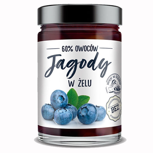 Heidelbeeren in Gel, 320g, von HELCOM, frische Blaubeeren in Gel in einer transparenten Schale.