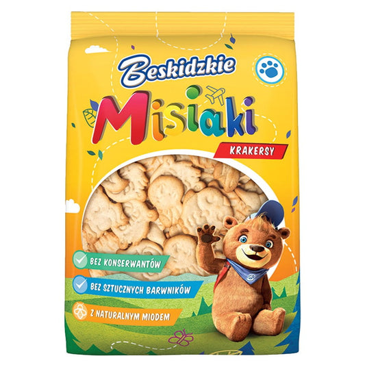 Beskidzki Teddybär-Cracker 90g, süßer knuspriger Snack mit Bärenmotiv, in goldener Verpackung sichtbar auf dem Bild
