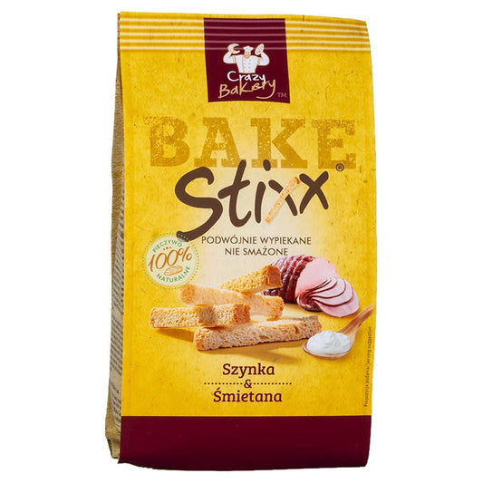 Brotfinger mit Schinken und Sahne, BAKE STIXX, 60g, knuspriger Snack mit cremiger Füllung, auf weißem Hintergrund