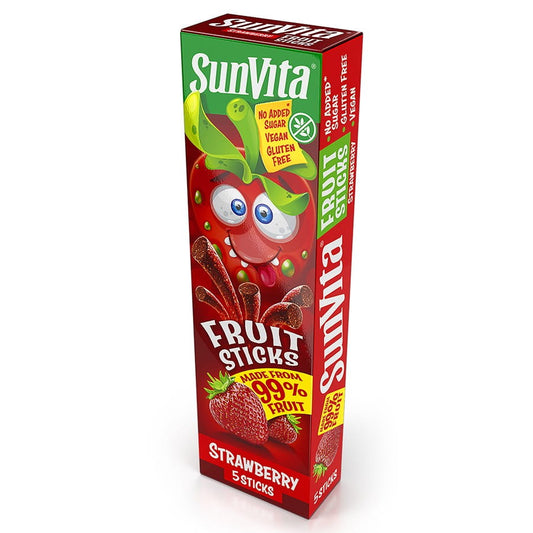 Saftige Erdbeer-Fruchtsticks von SUNVITA ohne Zuckerzusatz, 100g Packung, natürliche Fruchtfüllung in bunten Sticks