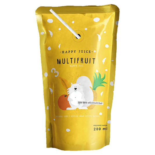 Mehrfruchtsaft von HAPPY JUICE in 200ml Flasche, zeigt fruchtigen Saft mit bunten Fruchtstücken in transparentem Flaschenetikett