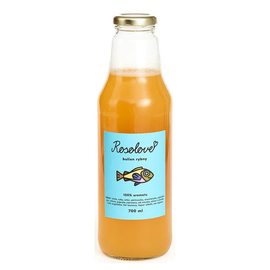 Fischbrühe von ROSOLOVE in einer 700ml Flasche, klare Brühe mit Fischgeschmack, ideal für Suppen und Saucen.