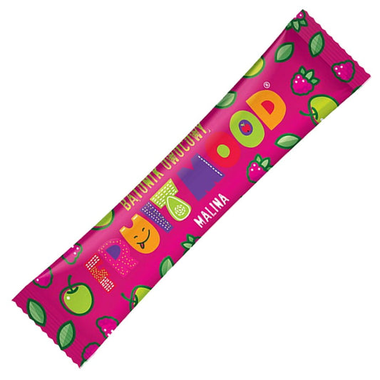Himbeer-Fruchtriegel von FRUIT MOOD, 20g, mit fruchtigem Himbeergeschmack und natürlichen Zutaten, auf weißem Hintergrund.