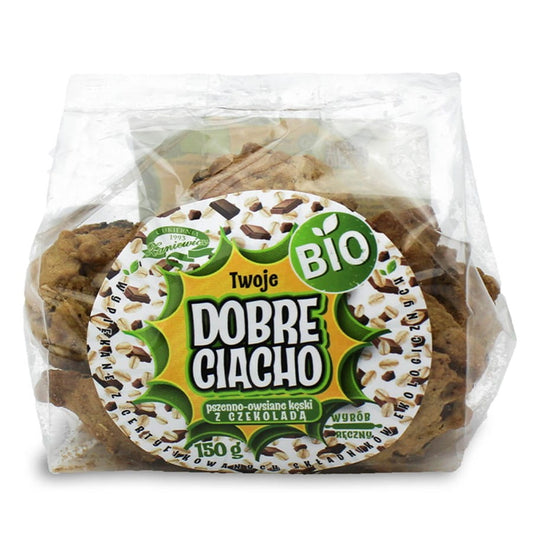 Bio Haferkekse "kęski" mit Schokolade von DOBRE CIACHO, 150g, knusprige Haferkekse mit Schokoladestückchen.