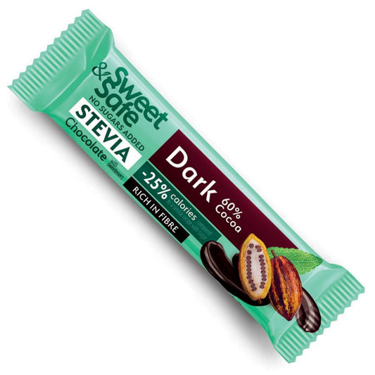 Dunkler Schokoriegel mit 60% Kakao und Stevia von SWEET&SAFE, 25g, detailreiche Nahaufnahme des Schokoriegels