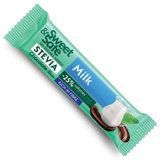 Milchschokoriegel mit Stevia von SWEET&SAFE, 25g, zeigt den Schokoriegel in Verpackung mit schmelzendem Schokoladenstück.