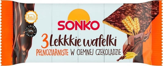 Helle Vollkornwaffeln in Schokolade von SONKO, 36g, mit schokoladiger Glasur und knuspriger Textur.