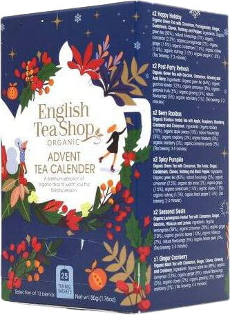 Blauer Adventskalender von ENGLISH TEA SHOP mit 25 Teetüten à 1,5g, festliche Verpackung, enthält verschiedene englische Teesorten.