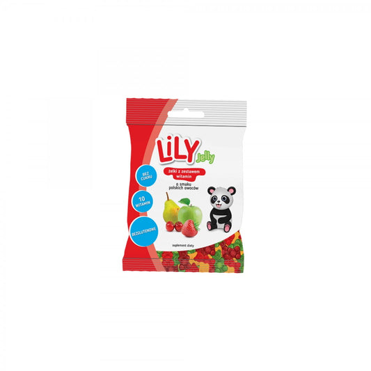 Bunte Gummibärchen mit Vitaminen und polnischem Fruchtgeschmack, 80 g, von 7 PHARMA, auf einem weißen Hintergrund.