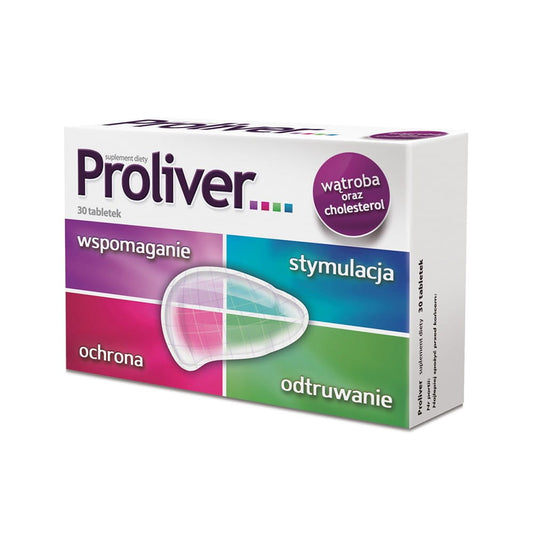 Proliver 30 Tabletten von AFLOFARM, Verpackung mit Tabletten in Blisterpackung sichtbar