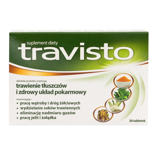 Travisto Nahrungsergänzung für Verdauungssystem, 30 Tabletten, AFLOFARM, zeigt die Tablettenpackung auf weißem Hintergrund