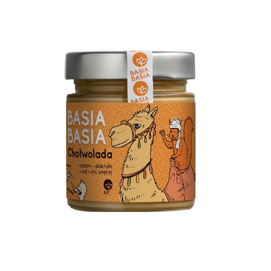 Sesam- und Dattelcreme von ALPI SMAKI in 210 g, cremige Aufstrich mit Sesam und Datteln, sichtbar auf der Verpackung