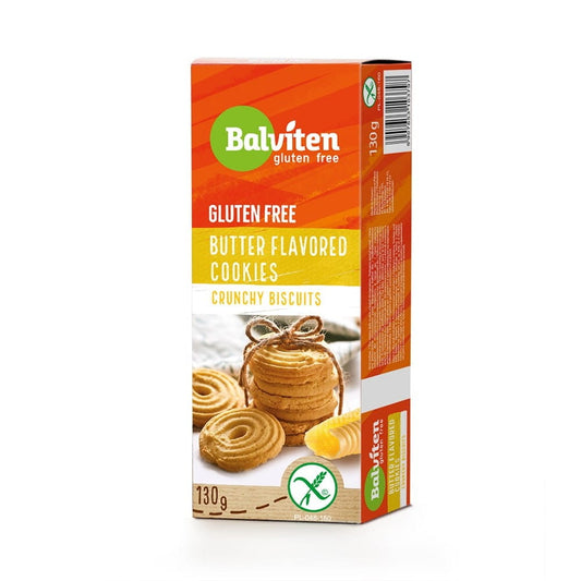 Glutenfreie Butterkekse von BALVITEN, 130 g, knusprige Kekse auf einem Teller, ideal für glutenfreie Ernährung