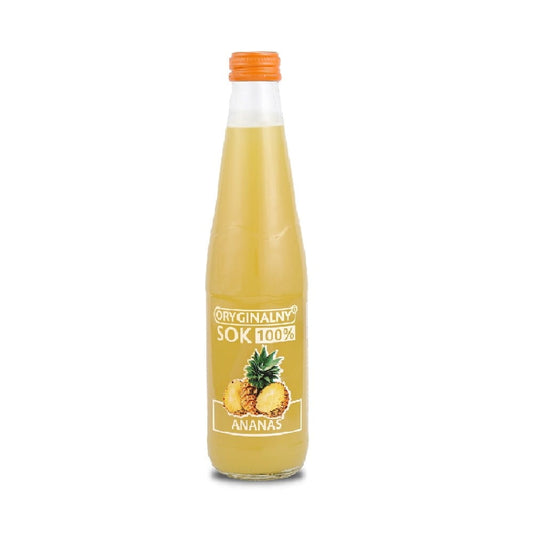 Heller Ananassaft in 330 ml Flasche von BIURKOM FLAMPOL, 100% reiner Ananassaft in Glasflasche, frisch und aromatisch.