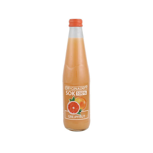 Glas mit frisch gepresstem 100% Grapefruitsaft von BIURKOM FLAMPOL, 330 ml Flasche auf weißem Hintergrund