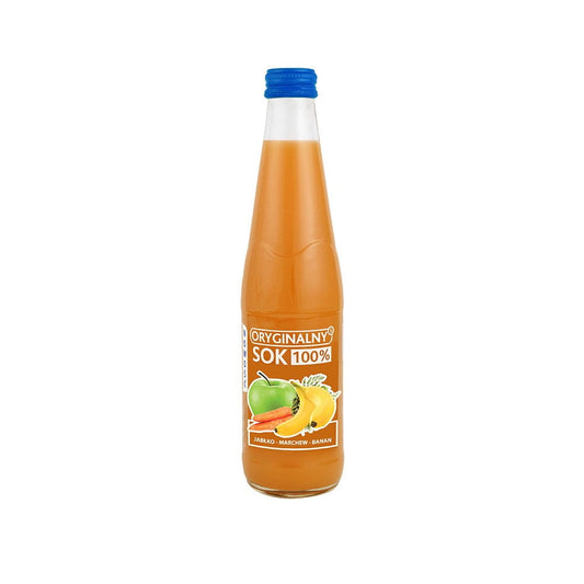 Saftflasche mit Apfel-, Karotten- und Bananengeschmack, 330 ml, von BIURKOM FLAMPOL, zeigt das Etikett auf der Flasche