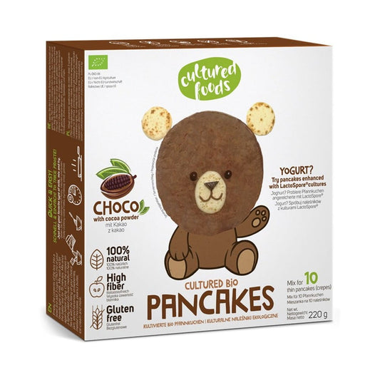 Bio Choco Pfannkuchenmischung von BRIAN MCWHORTER COMPANY, 220 g, zeigt eine Packung mit schokoladigem Pfannkuchenteig.