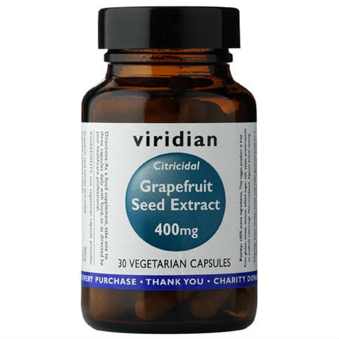 VIRIDIAN Grapefruitkernextrakt 400mg, 30 Kapseln, Nahaufnahme der Kapseln und Verpackung