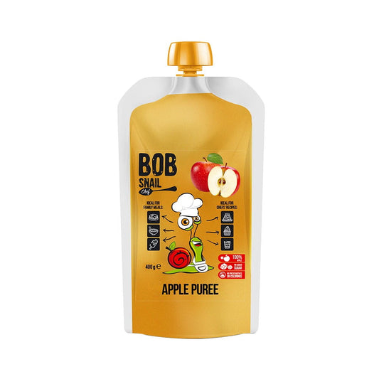 Apfelpüree 100% Frucht in 400 ml Flasche von ECO-SNACK, zeigt frisches Apfelpüree in transparenter Flasche