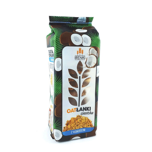 Haferkekse mit Kokos von FOLLOW, 150 g, knusprige Kekse mit Haferflocken und Kokosraspeln, auf weißem Hintergrund.