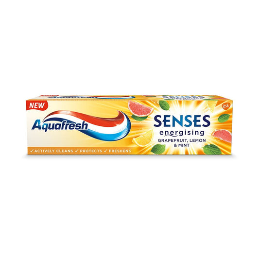 GSK Senses Grapefruit-Zahnpasta in 75 ml Tube, erfrischender Geschmack, sichtbare Verpackung und Zahnpasta-Textur