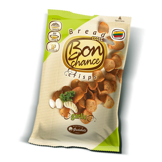 Knoblauch-Brotchips von GUDOBELE, 120 g, knusprige Brotscheiben mit aromatischem Knoblauchgeschmack, ideal als Snack oder Begleitung.