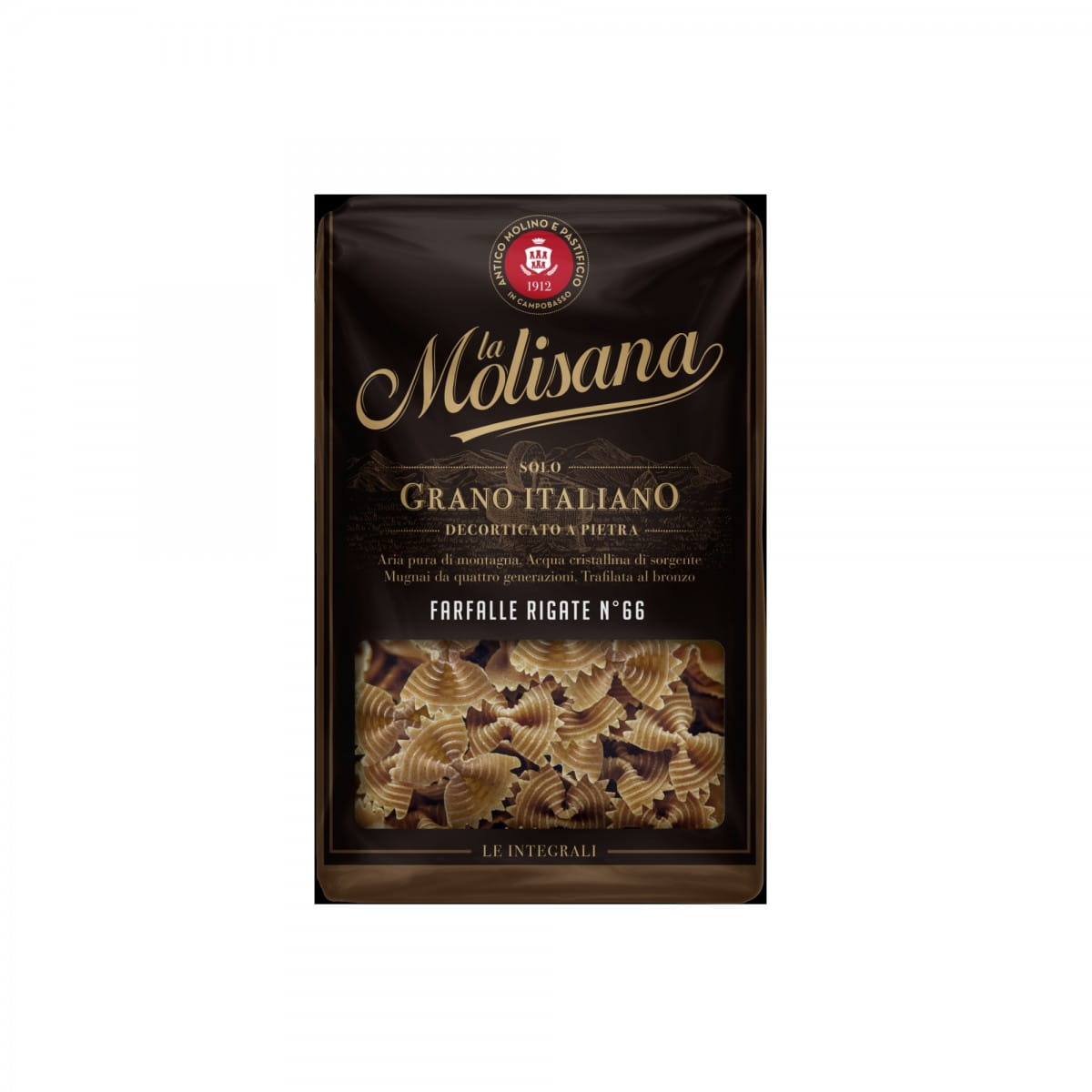 Vollkornnudeln Farfale Nr. 65 von LA MOLISANA in 500 g Packung, Nahaufnahme der rohen Nudeln