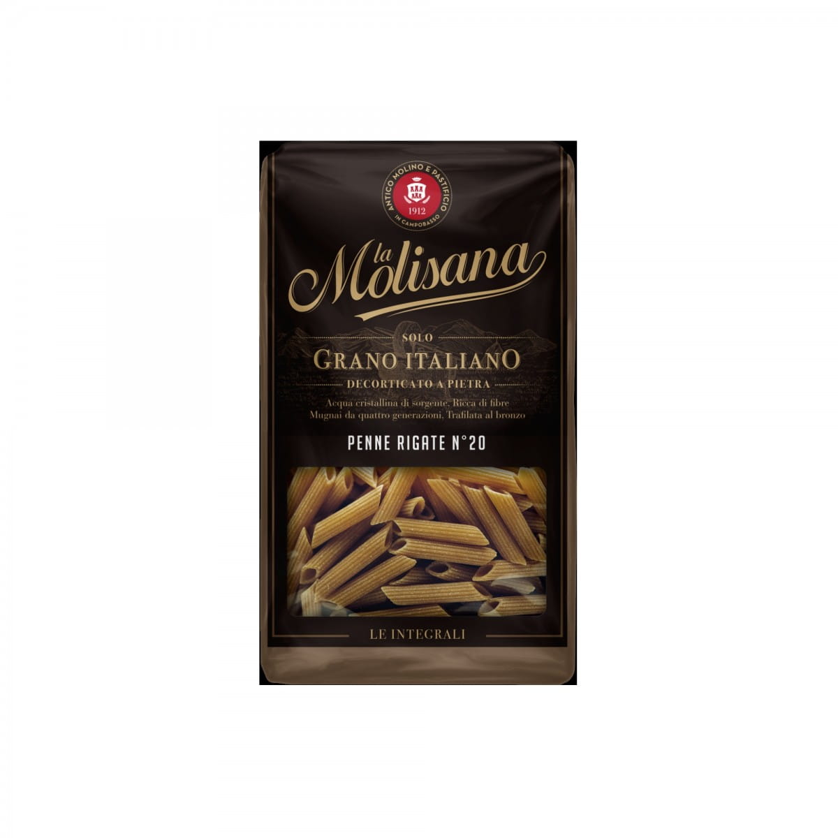 Vollkorn-Penne Rigate Nudeln von LA MOLISANA in 500 g Packung, trockene Pasta mit geriffelter Oberfläche.