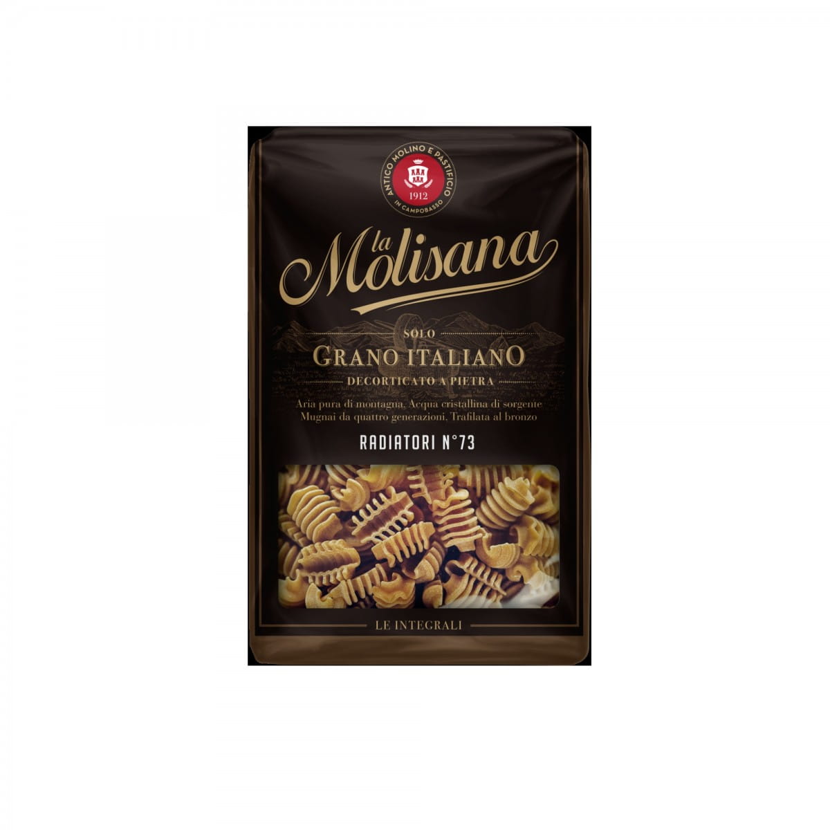 Vollkornnudeln Radiotori Nr. 73 von LA MOLISANA in 500 g Packung, ungekocht, Nahaufnahme der Nudeln.